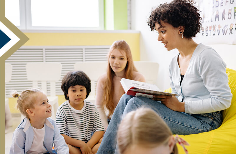 young teacher sits on yellow beanbag reading to small preschool class sitting at her feet