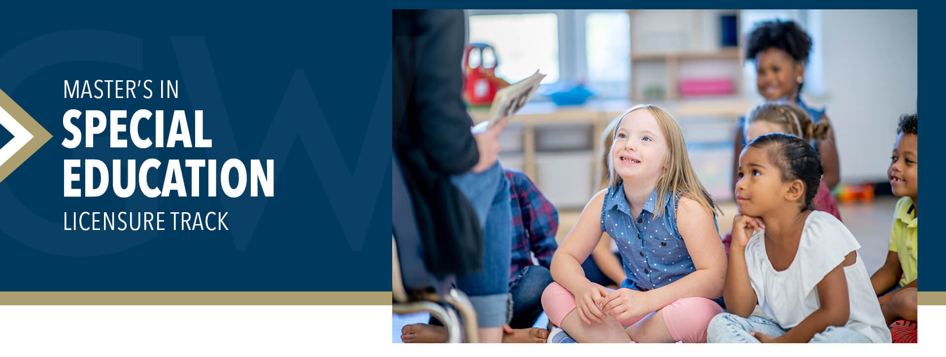 Master's in Special Education (image of young students sitting in the floor listening to the teacher read a book)