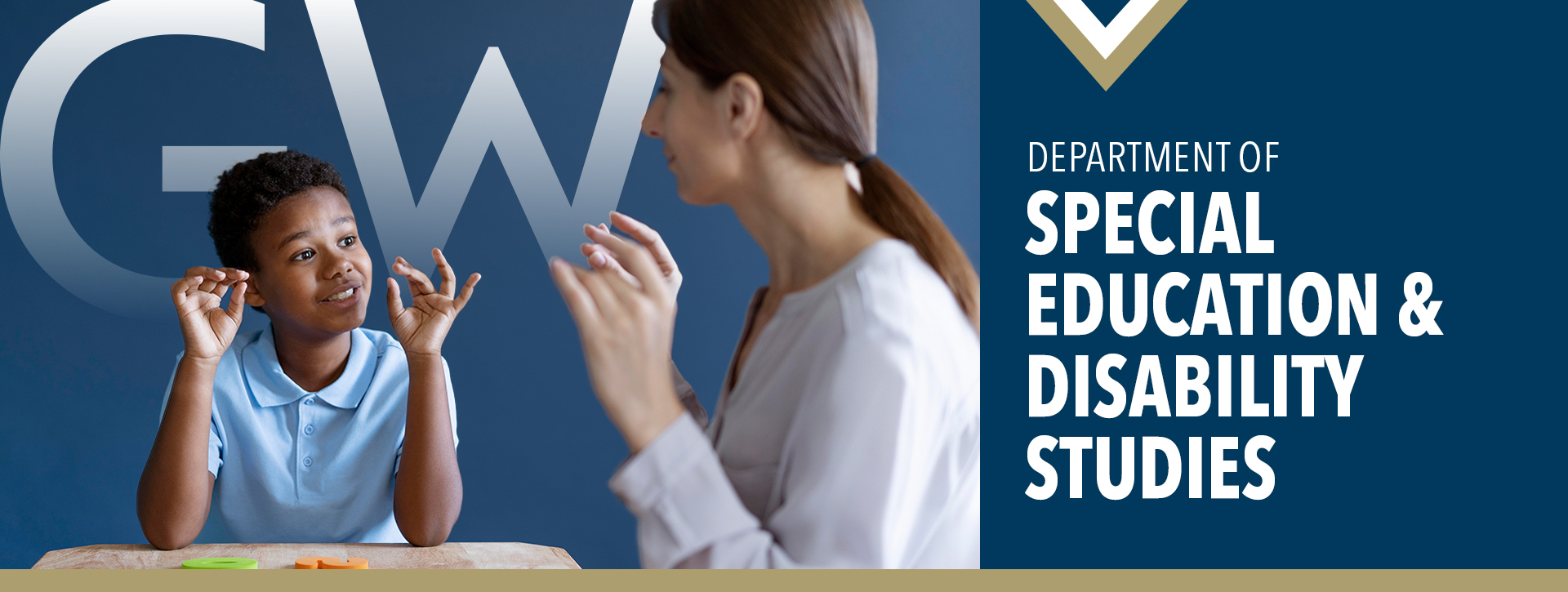 Department of Special Education and Disability Studies (image of clinician practicing sign language with young student)