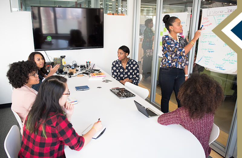 small group of women strategize and make a list on a large white poster taped to the wall in a conference room