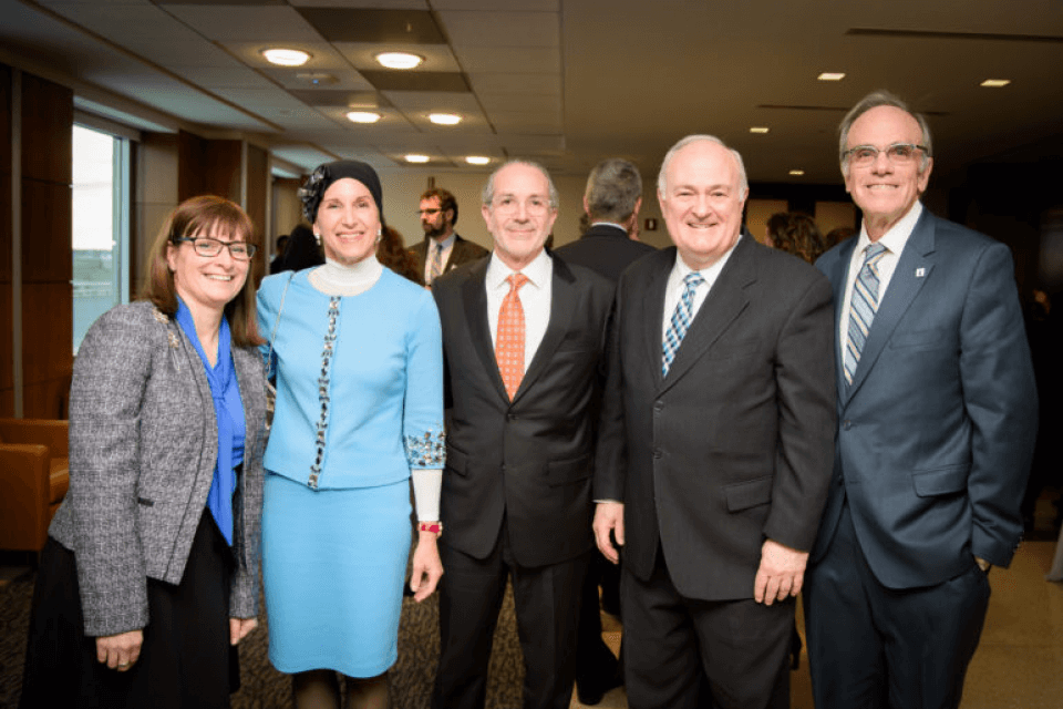 From left: Dr. Erica Brown, Manette Mayberg, Louis Mayberg, President Steven Knapp, and Dean Michael Feuer at the Mayberg Center for Jewish Education and Leadership opening.