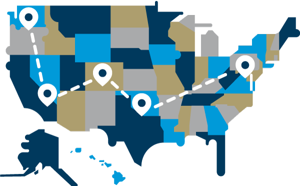 US map with dotted lines connecting place markers across the country