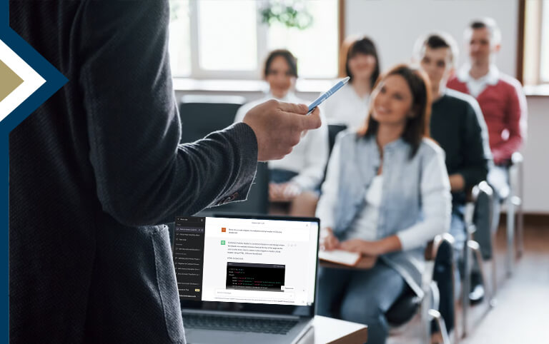 photo by standret on Freepik taken from behind instructor speaking to group of adult students, laptop open with ChatGPT on the screen