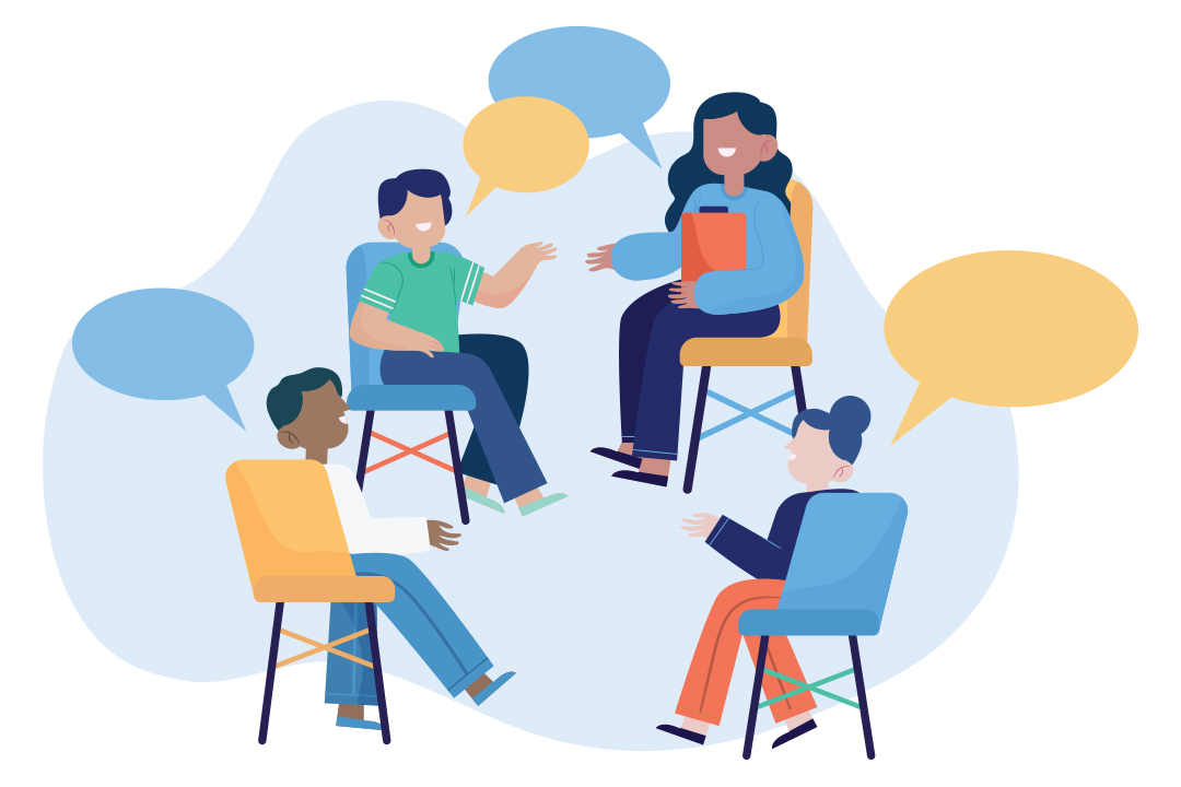 illustration by Freepik of school counselor talking to three students seated in a circle