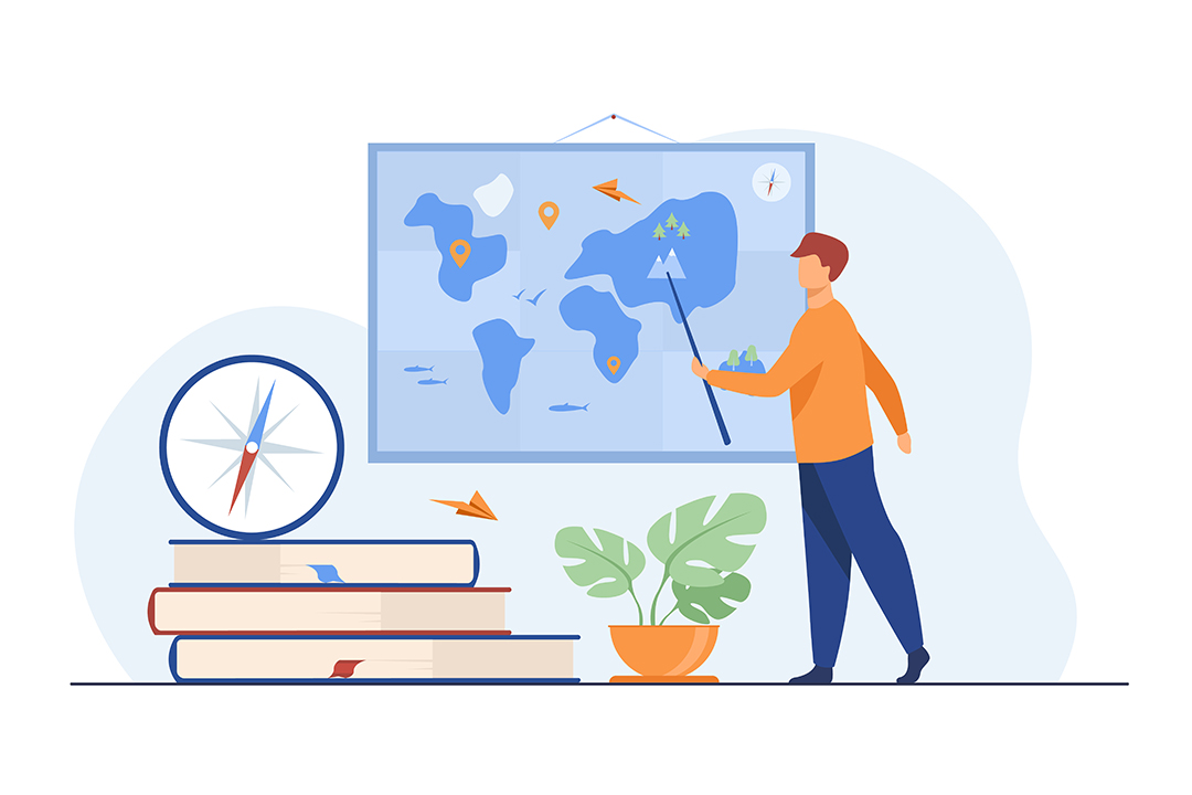 illustration by pch.vector on Freepik of geography teacher pointing to large map on wall