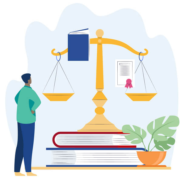 Illustration by Freepik with person staring upward at large scales of justice placed on two books, folder and document hovering in foreground