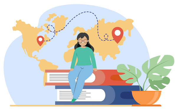 Illustration by Freepik of a girl sitting on 2 books with world map in background