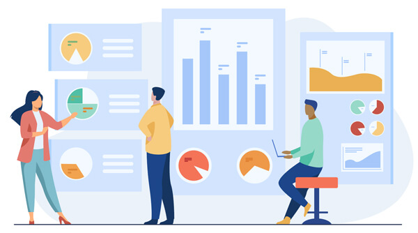 Illustration by pch.vector on Freepik of office workers analyzing and researching business data on large charts on the wall