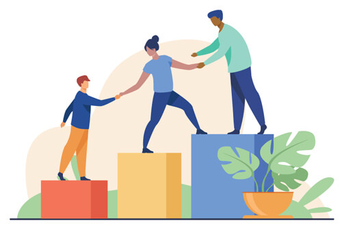 illustration by pch.vector on Freepik of leader helping professional and student up colored blocks