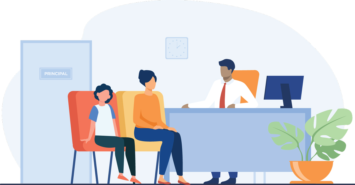 illustration of principal seated behind desk meeting with adult and student in office