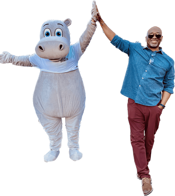 cutout photo on white backgroun, Dr. Doran Gresham high fives Hippo mascot wearing GW Teach shirt