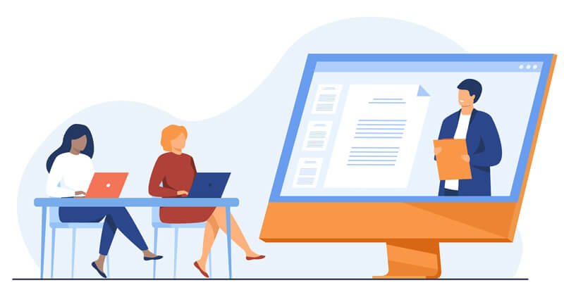 illustration of two business women sitting at a desk with computers, large computer screen with man presenting - Image by pch.vector on Freepik