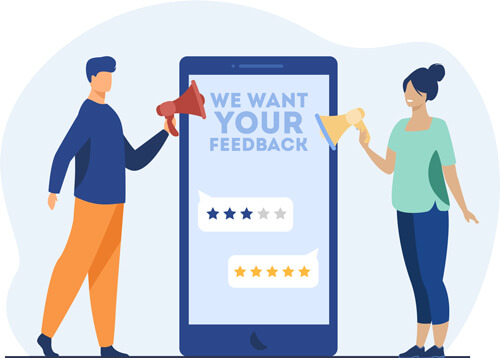 illustration by pch.vector on Freepik of life-size smart phone, screen say "We want your feedback" with star ratings; two professionals hold megaphones next to it