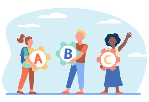 illustration by pch.vector on Freepik of three students holding large gears, center of first has an A, second has a B and third has a C