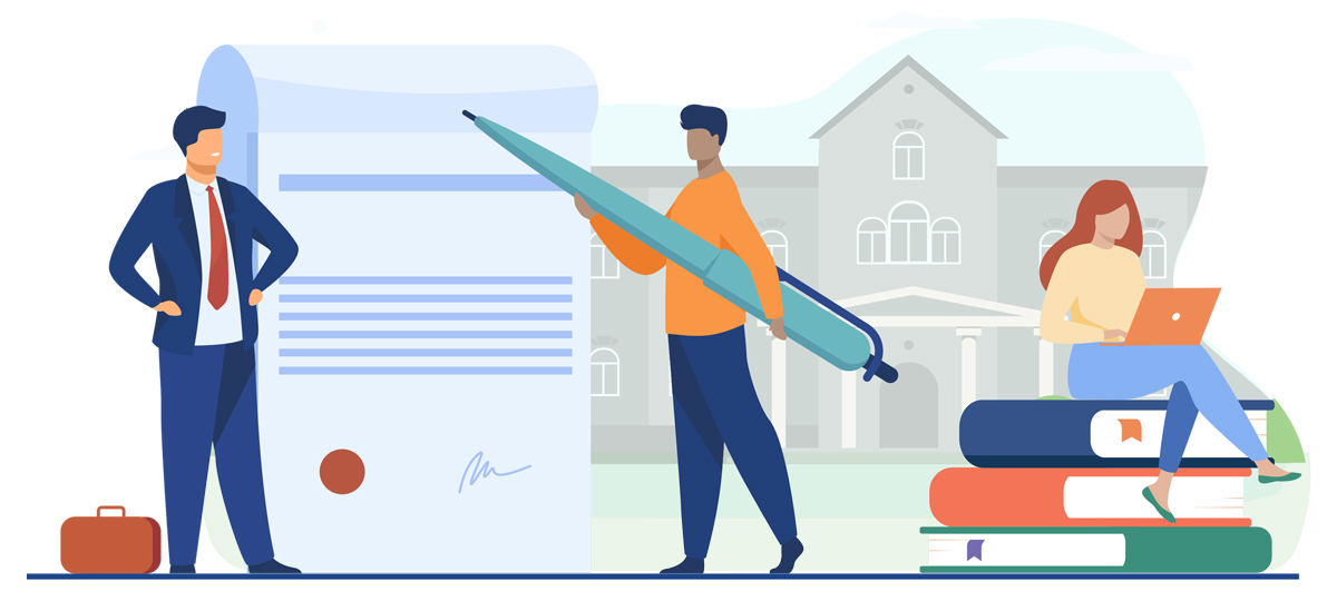 illustration by pch.vector on Freepik of one man holding a large pen with a large document, business man in suit to left, woman on laptop to the right, school in the background