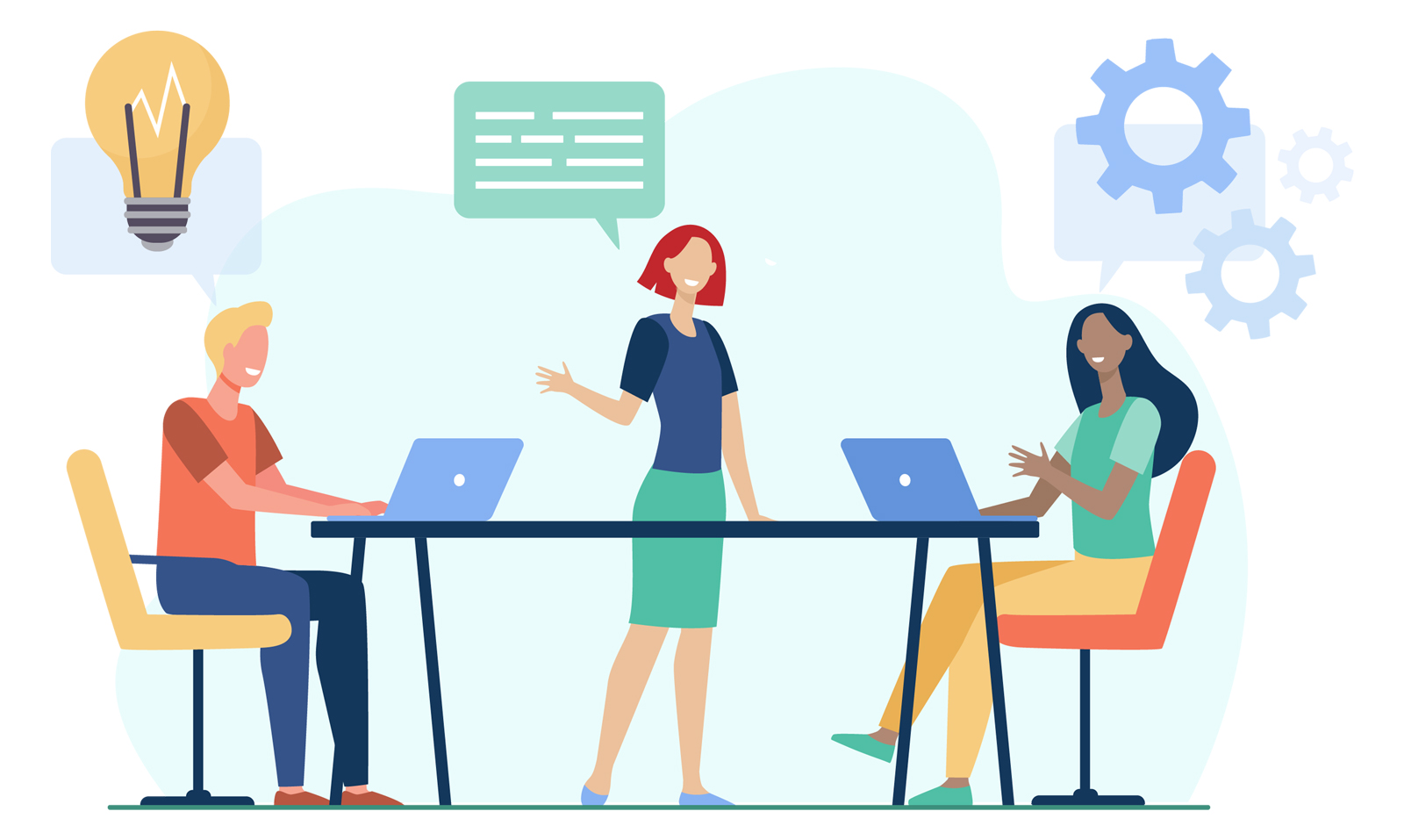 illustration by pch.vector on Freepik of professional female standing and speaking to two colleagues seated at conference table