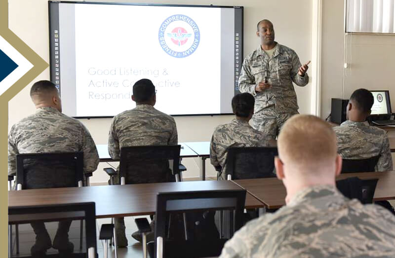 U.S. Air Force Master Sgt. Dexter Robinson, 39th Force Support Squadron career assistance advisor, speaks with Airmen during course. (U.S. Air Force photo by Staff Sgt. Brittany E. N. Murphy)