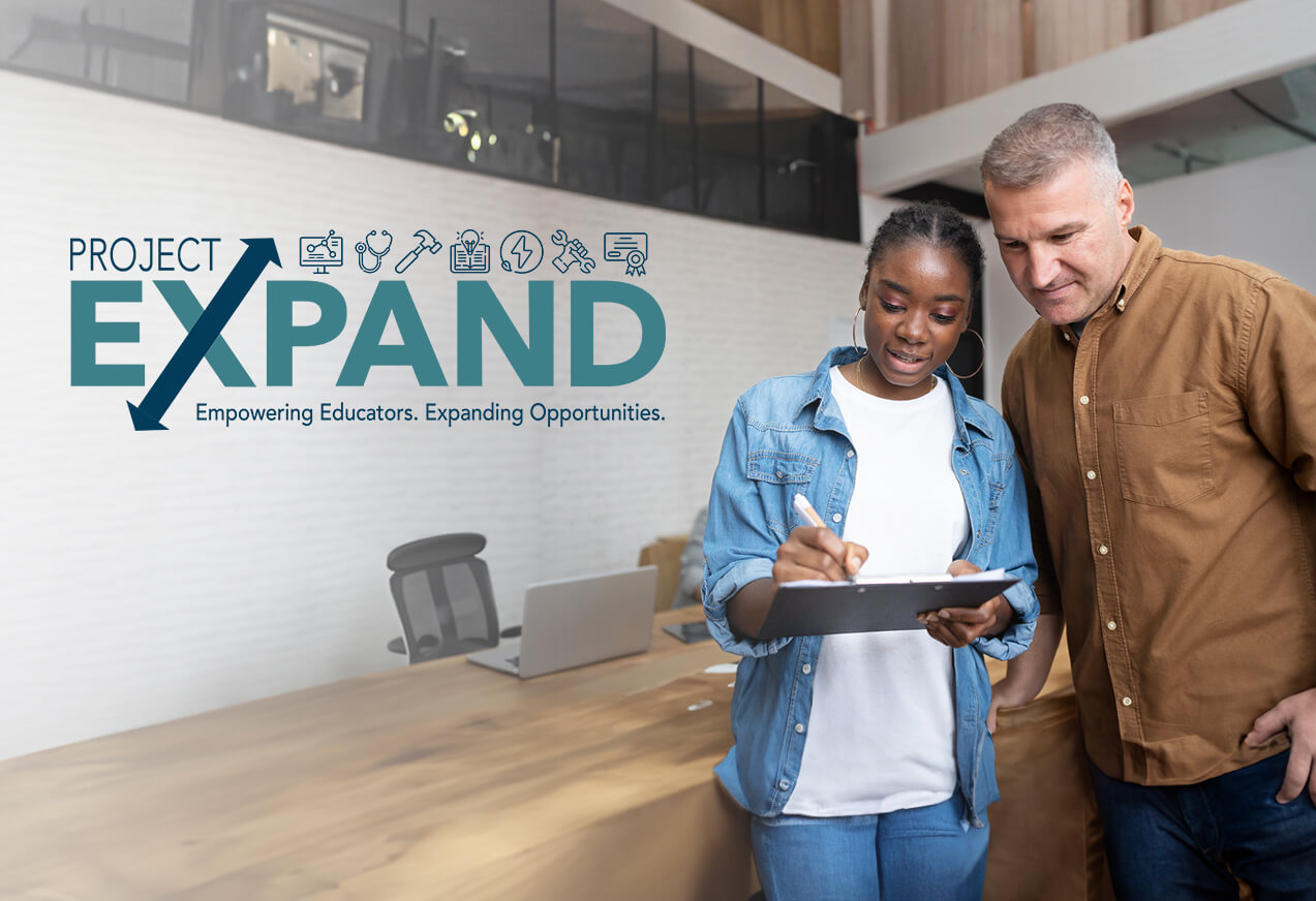 Project EXPAND logo overlayed on photo of high school aged female showing information on a tablet to a professional male in a conference room setting