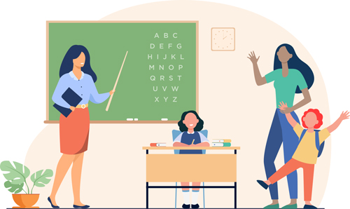 illustration of assistant teacher bringing a student into a classroom with another teacher and student sitting at desk