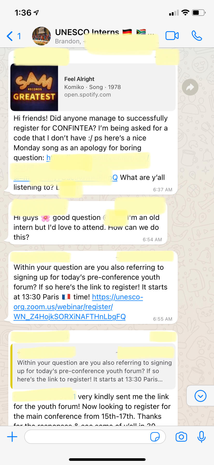 screenshot of UIL Interns WhatsApp Group Chat discussing conference registration