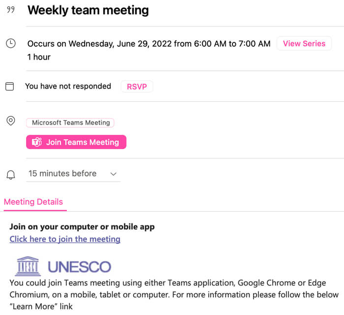 screenshot of calendar invite for team meeting at 6 am EST