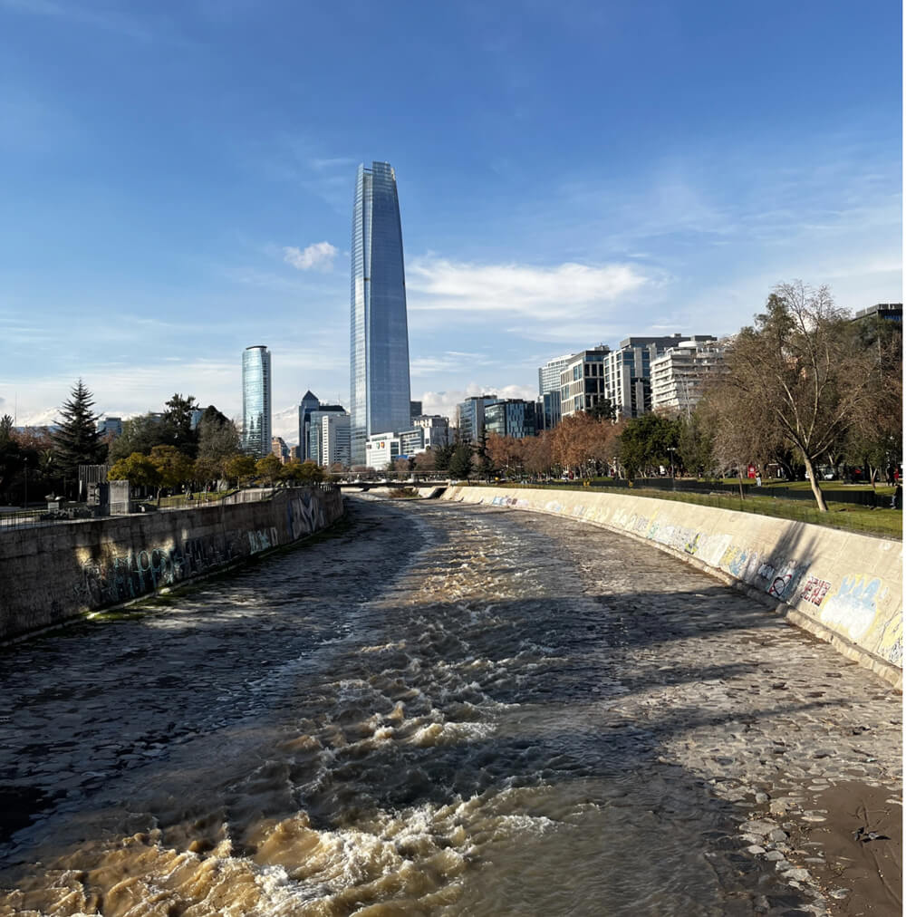 Post rainfall and smog free view of the Gran Torre Santiago and the Maipo River