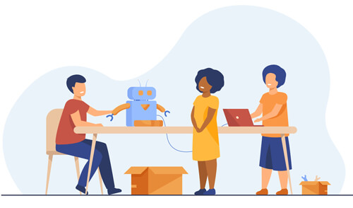 illustration of three students working together to build a robot
