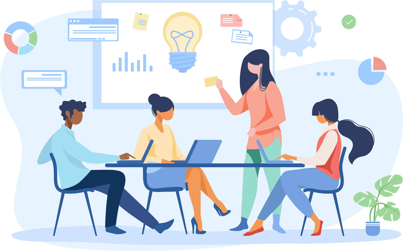 four professionals use technology to brainstorm and look at data