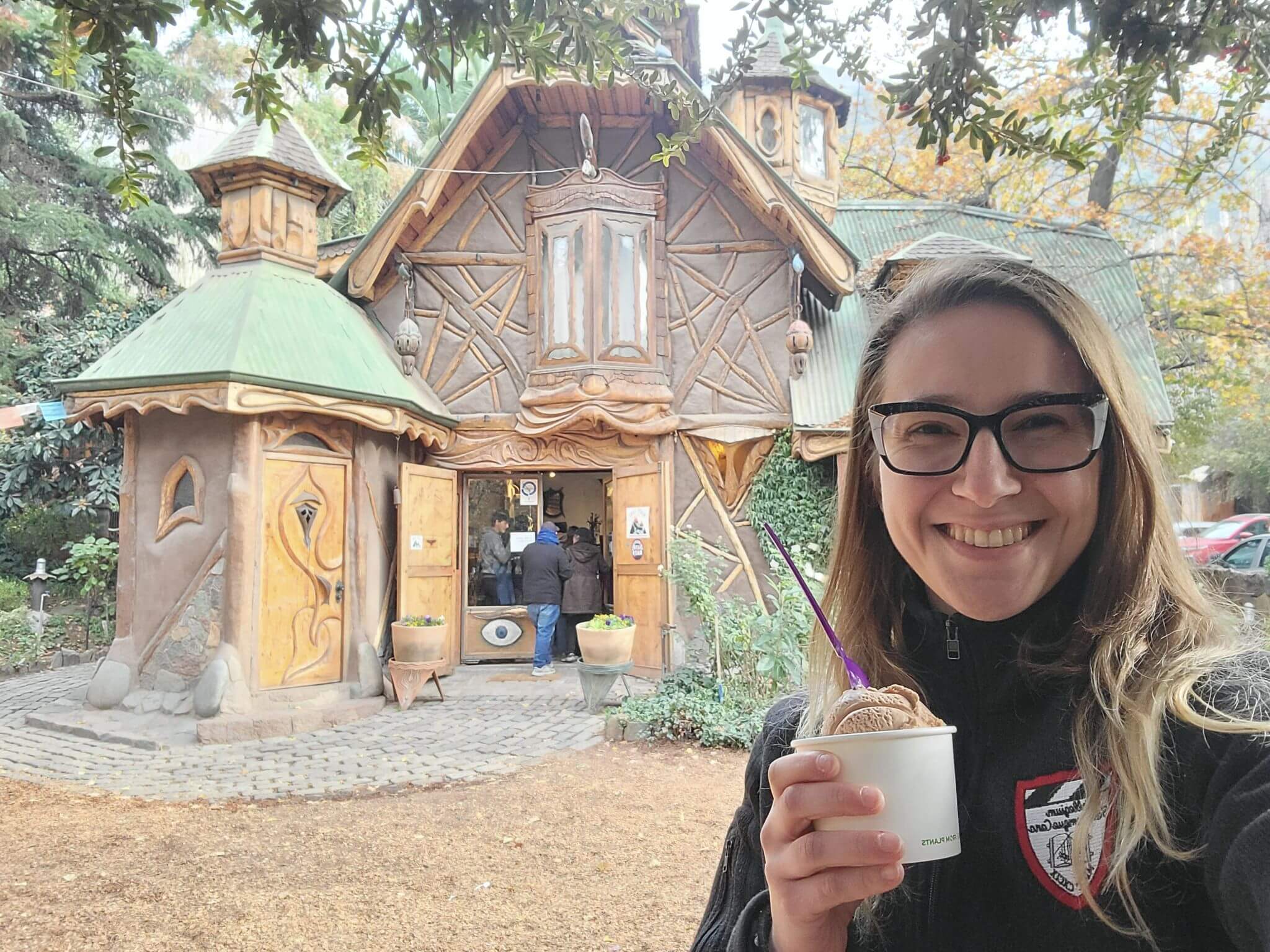 Caroline takes a selfie while enjoying a frozen treat at Casa Chocolate, San José de Maipo
