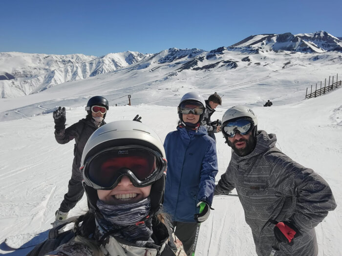 Caroline poses for friends while skiing at Farellones (los Andes)