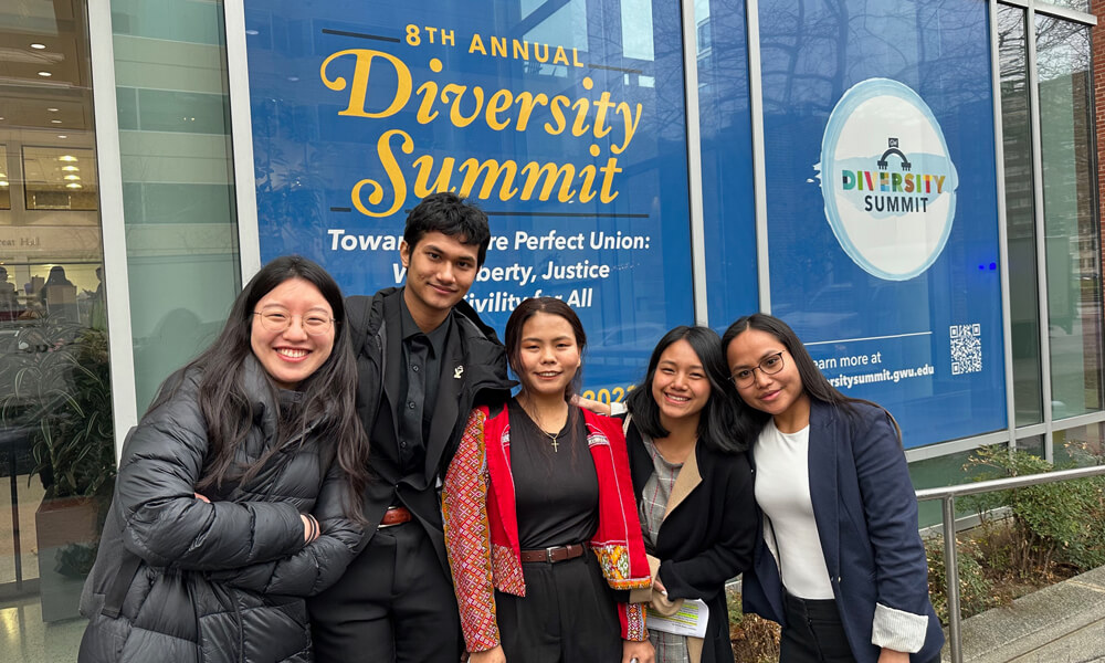 Participants presented their stories at GW's Diversity Summit in March 2023. From left: Sarah Oh, Susan Rai, Sarah Nini, Bawi Hnem and Meh Sod Paw.