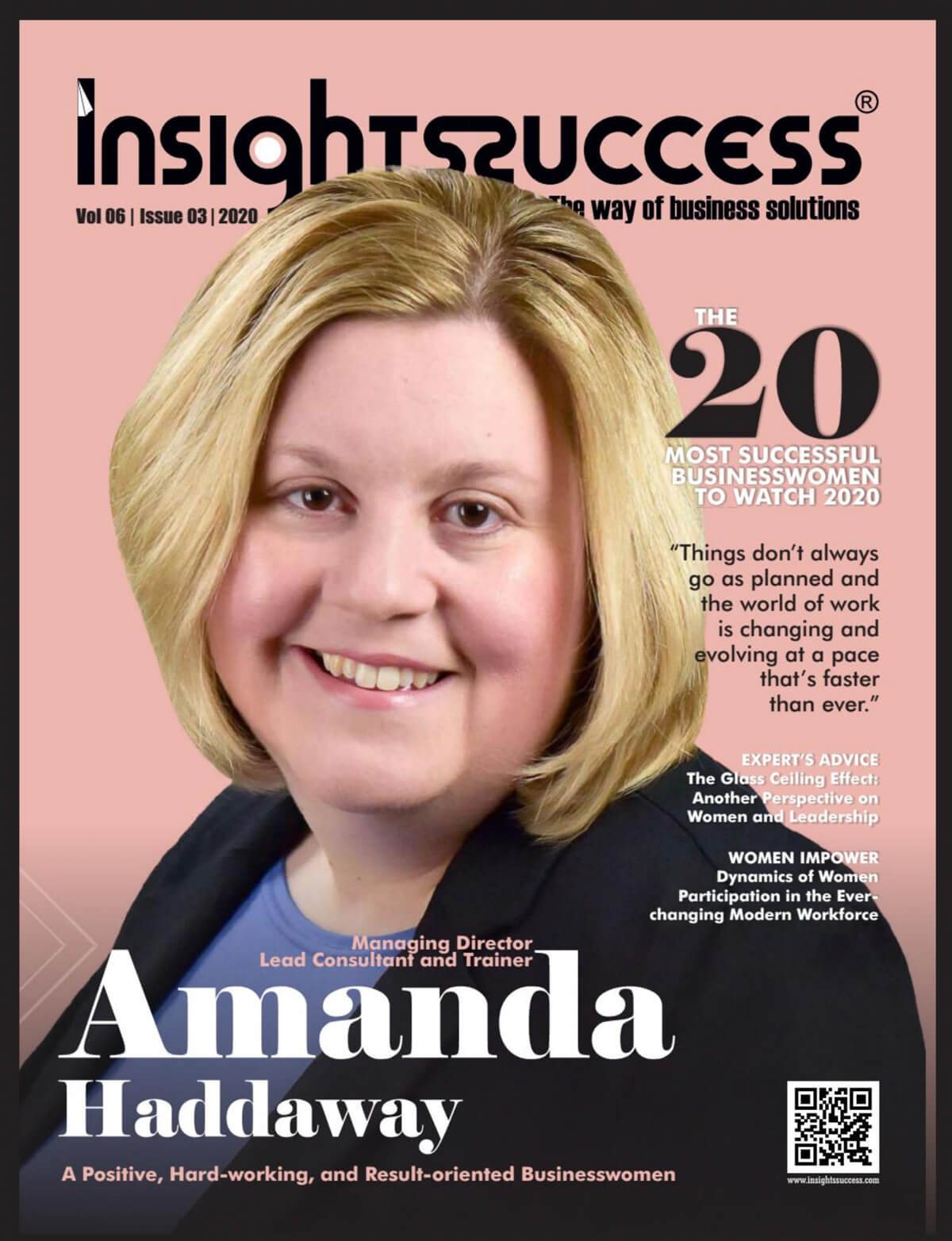 The cover of the Insight Success magazine features Amanda Haddaway as one of 20 most successful businesswomen to watch in 2020