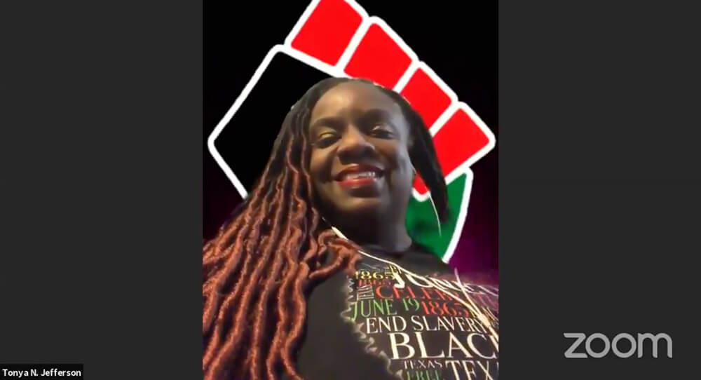 Screencapture from live Zoom event featuring Tonya Jefferson on the screen. Tonya is wearing a Juneteenth t-shirt.