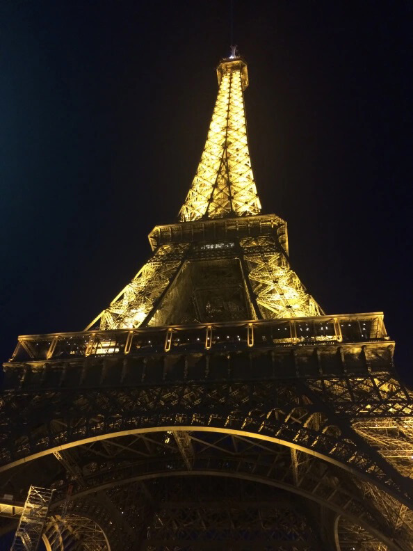 Eiffel Tower photographed from below at night while it's lit up 