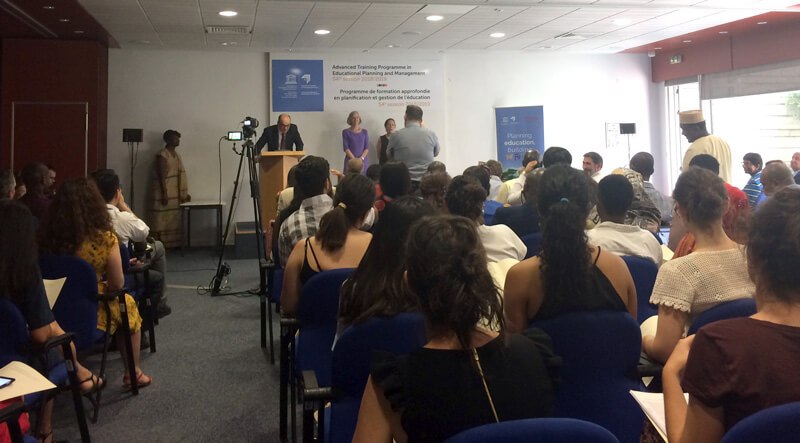 Photo from IIEP’s Advanced Training Program closing ceremony. Education officials from around the world participate in a Master’s level program of study that IIEP hosts annually.