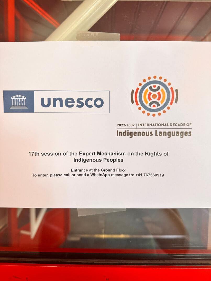 A colorful official poster for the Seventeenth Session of the Expert Mechanism on the Rights of Indigenous Peoples, displayed on a wall in a UN building hallway.