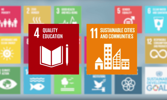image with icons representing goals 4 and 11 of the Sustainable Development Goals (SDGs)