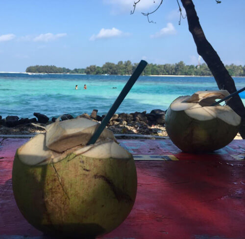 two coconuts with straws on table with beautiful body of blue water in the distance