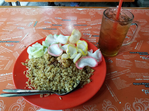 picture of plate of food and drink: Nasi Goreng Seafood with Iced Sweet Tea