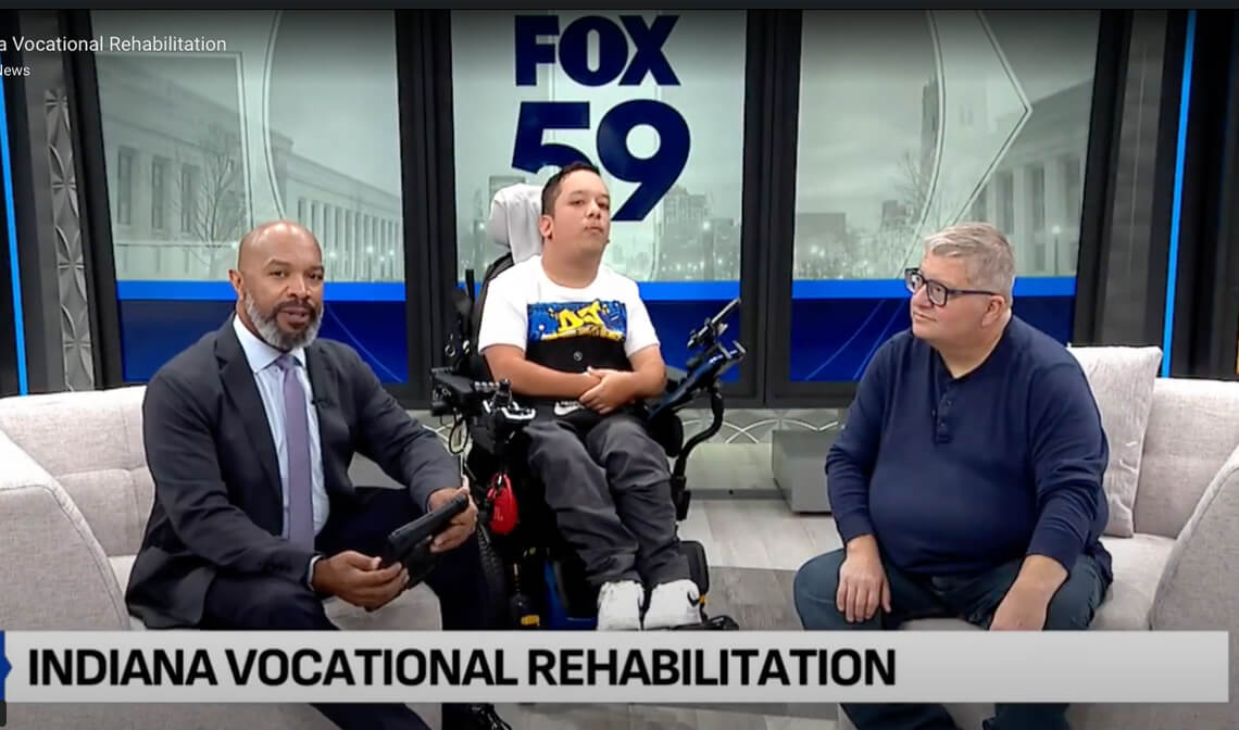 Screenshot from Fox 59 News Report titled "Indiana Vocational Rehabilitation"; (from left to right) News Anchor Daniell Miller, Jesus Sanchez Garcia, and GSEHD Alumnus Steve Upchurch