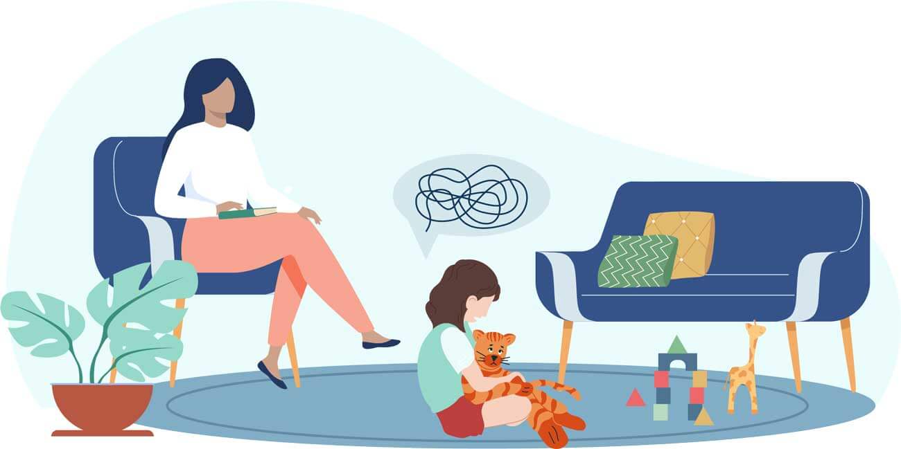 illustration of play therapist observing child while they play with a stuffed animal