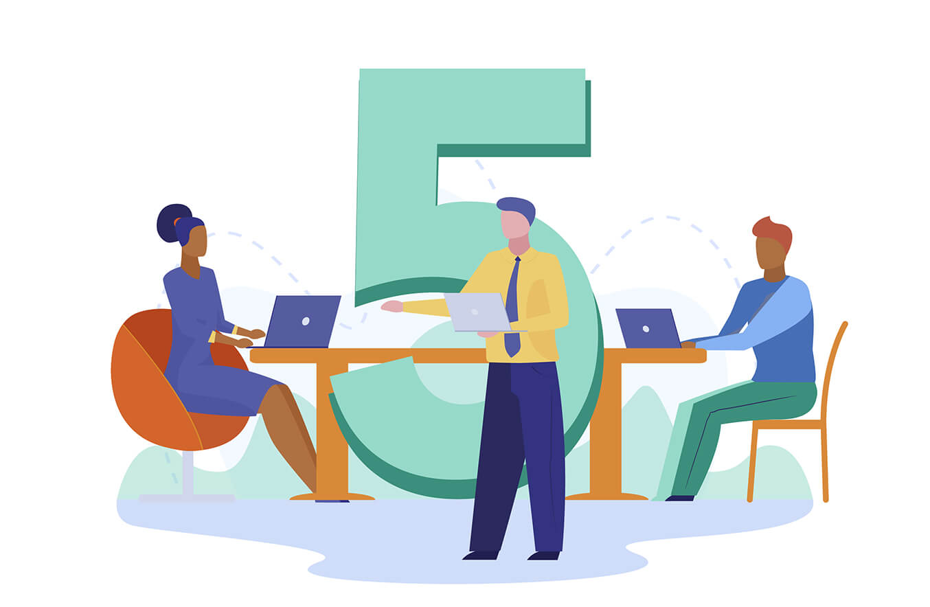 illustration of a large number 5 and three educational leaders working on laptops