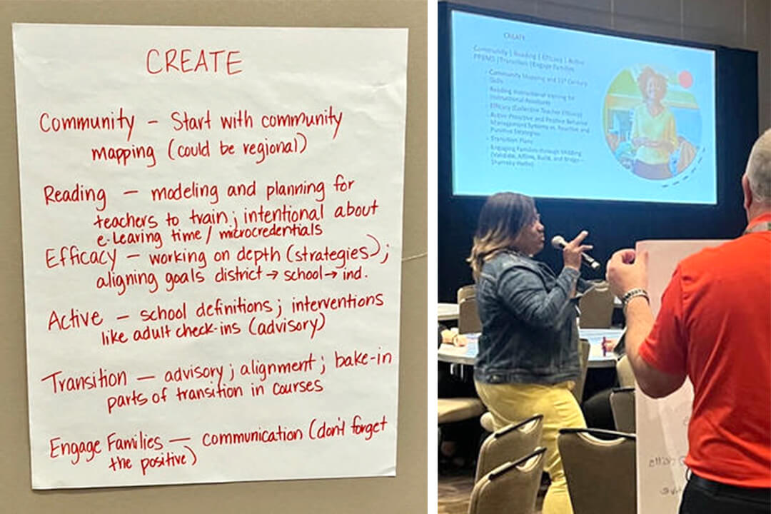 Photos from Dr. Gresham's conference presentation including a large sheet of paper detailing the CREATE method