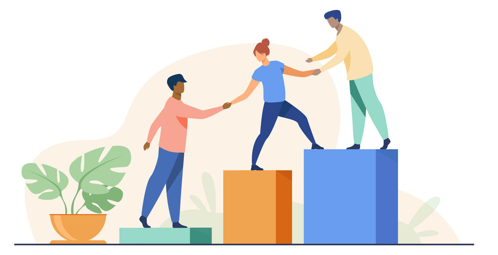 illustration of three adults helping each other climb up steps