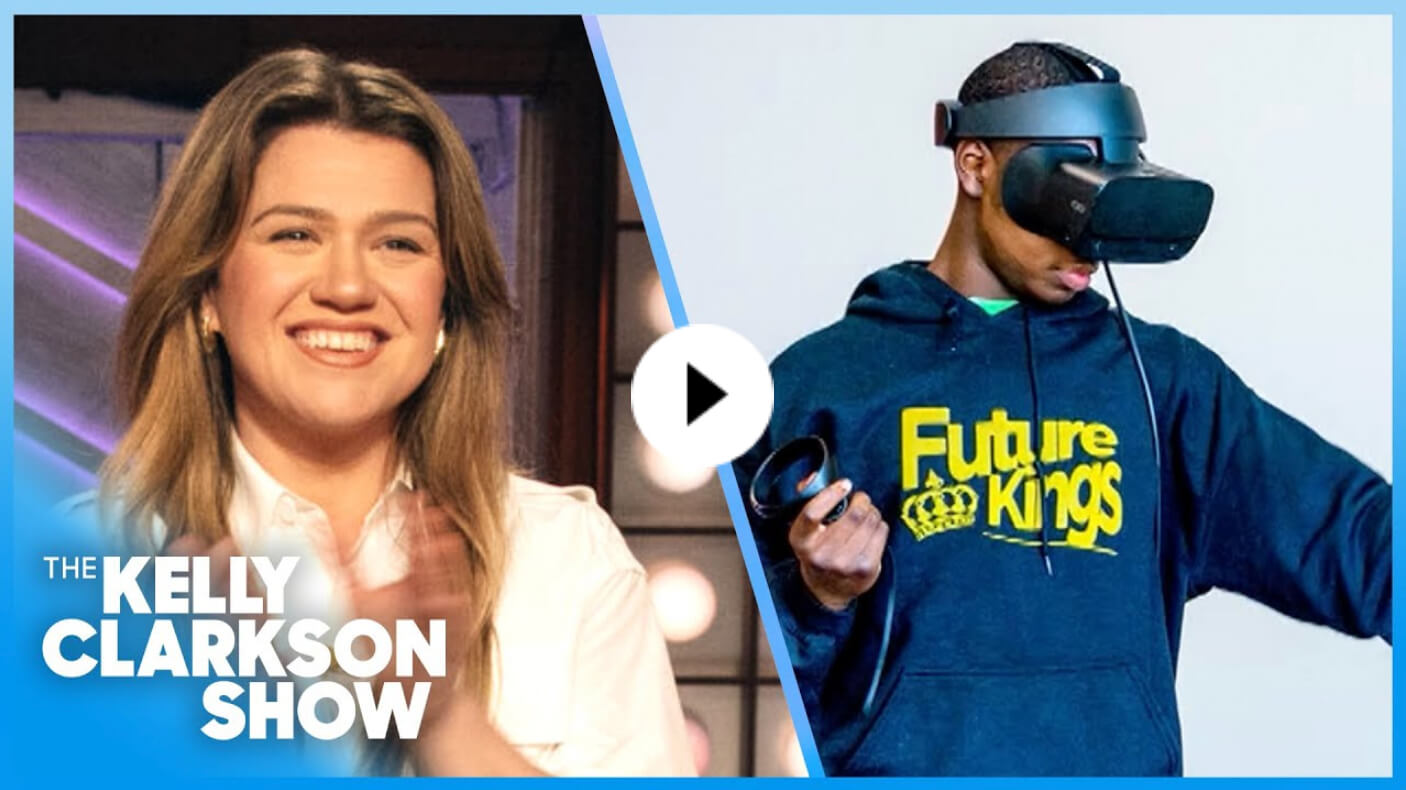 screenshot of video featuring Kelly Clarkson on the left and a person wearing a VR headset and "Future Kings" hoodie on the right