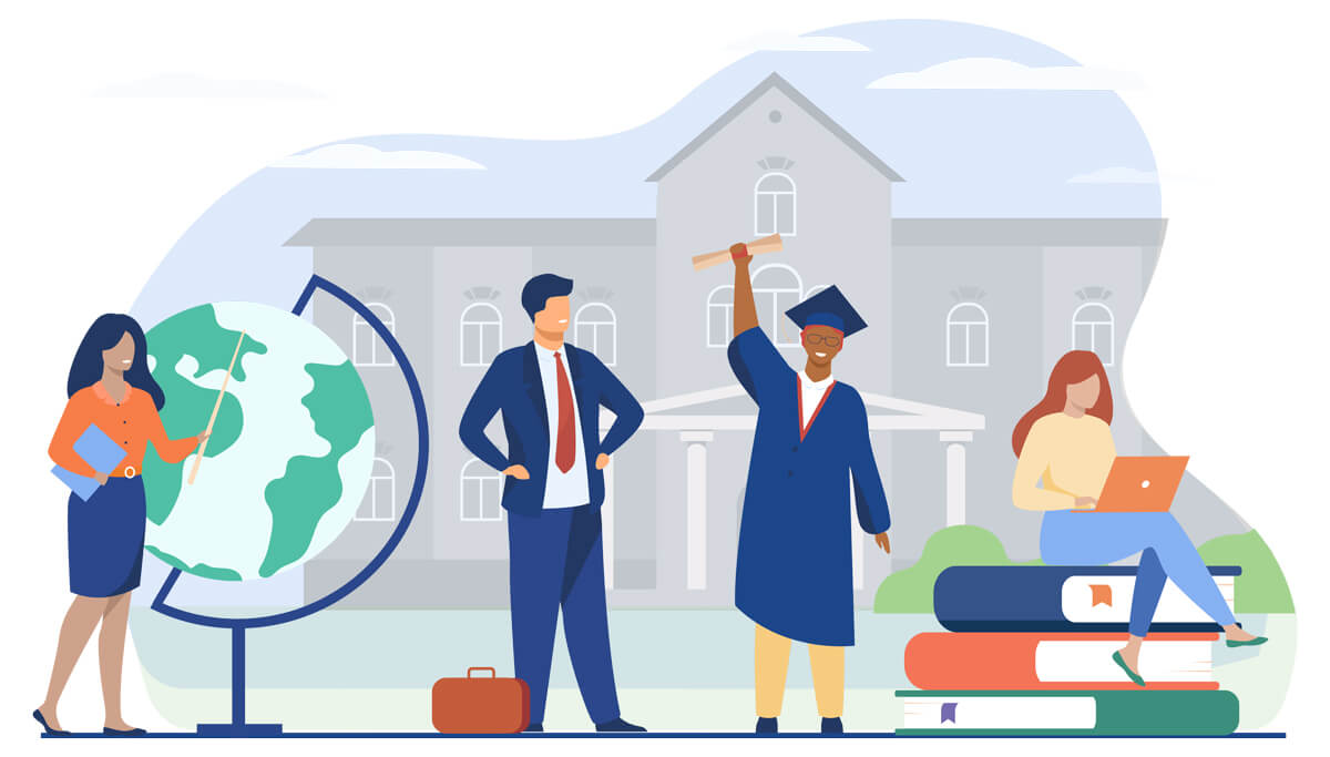 illustration of professor, dean, graduate and student on laptop