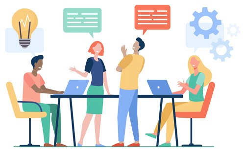 illustration of 4 professionals collaborating around conference table, laptops open; light bulb, gears turning and conversation bubbles above them