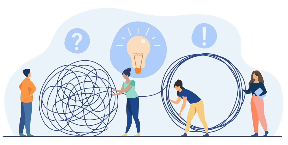 illustration of four professionals untangling a ball of chaos