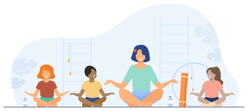 illustration of teacher leading yoga exercise with 3 students