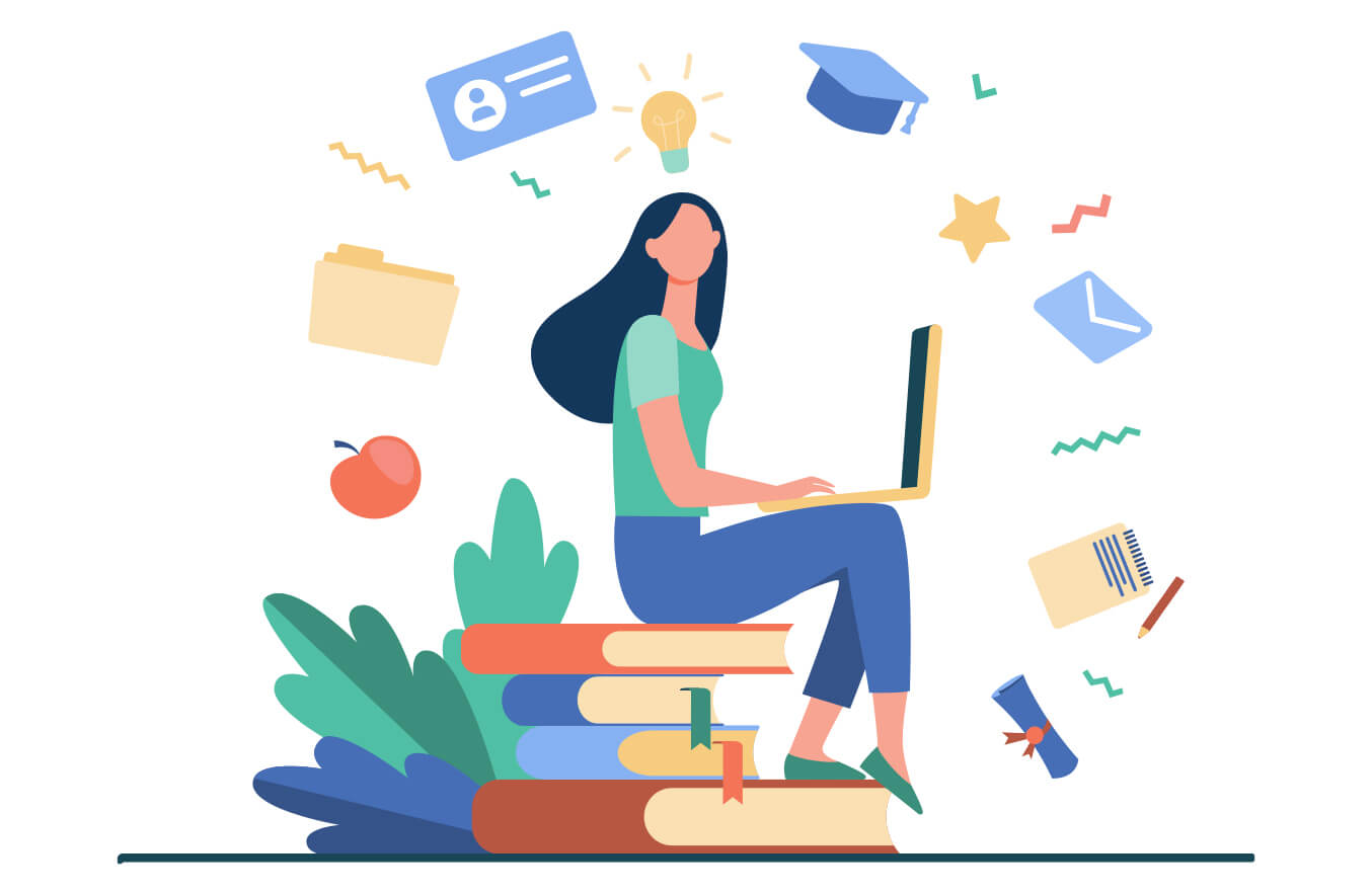 illustration of student sitting on stack of books with laptop in her lap, items floating around her include graduation cap, diploma, envelope, file folder and more